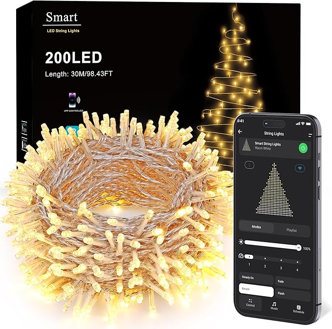 BrizLabs Smart Christmas Lights, 66FT 200 LED Christmas Lights with App/Voice Control, 8 Modes Dimmable Warm White Mini Fairy Light String, Music Sync Party Light Clear Wire for Indoor Outdoor Decor