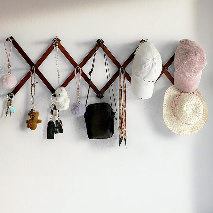 SKOLOO Hat Rack for Wall with 14 Hooks, Solid Wooden, Modern, Expandable Coat Rack Wall Mount for Coats, Hats, Bags, Baseball Caps, Cherry Red