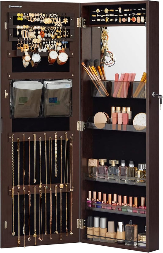 SONGMICS Jewelry Cabinet Armoire with Mirror, Wall or Door Mount Storage Organizer with Full-Length Frameless Mirror, Lockable Cabinet with Built-in Small Mirror, Shelves, Christmas Gift Idea, Brown