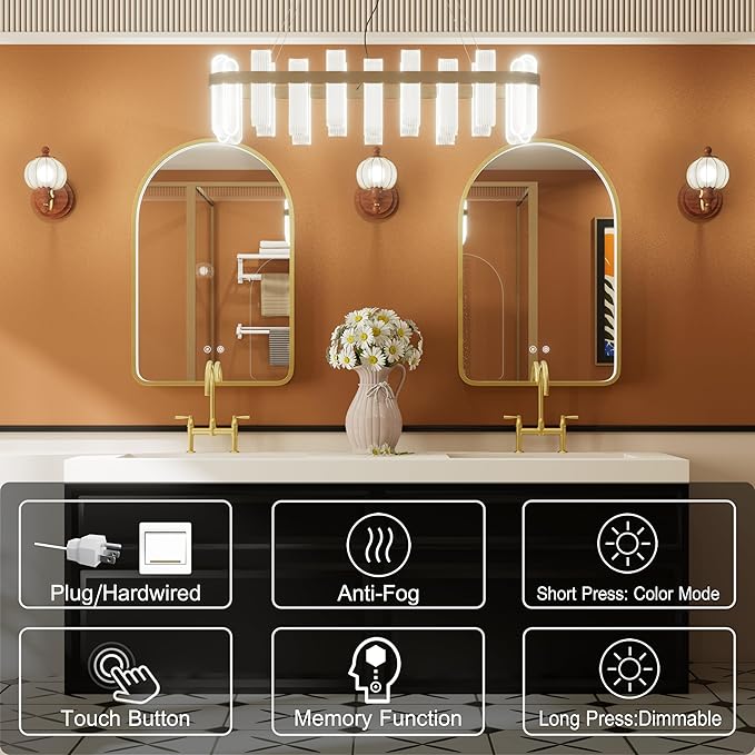 20x30 Inch Arched LED Bathroom Mirror with Lights, Adjustable 3000K/4500K/6000K, Wall Mounted Gold Frame Lighted Bathroom Vanity Mirror, Anti-Fog, Dimmable, Memory Function