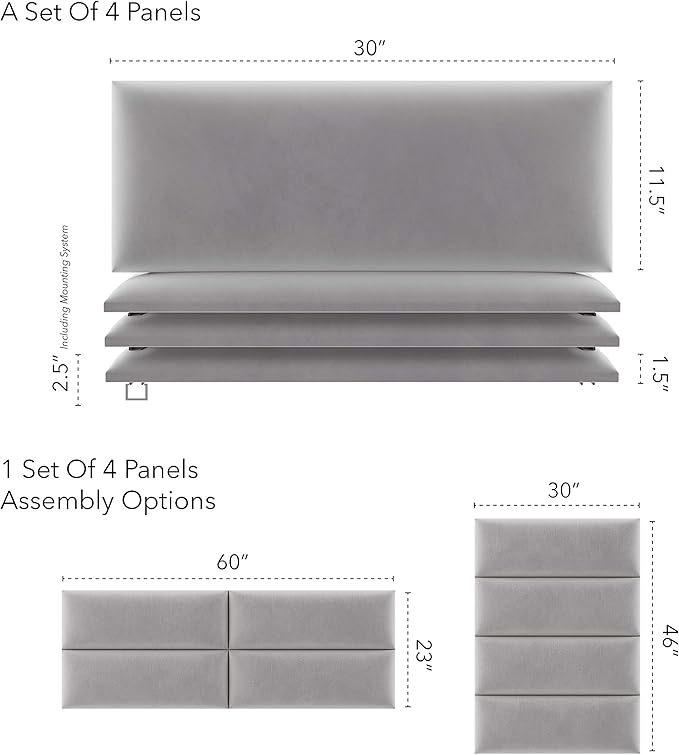 Vänt Upholstered Wall Panels - Queen/Full Size Wall Mounted Velvet Headboards - Velvet Platinum Grey - Set of 4 Panels (Each Individual Panel 30"x11.5")