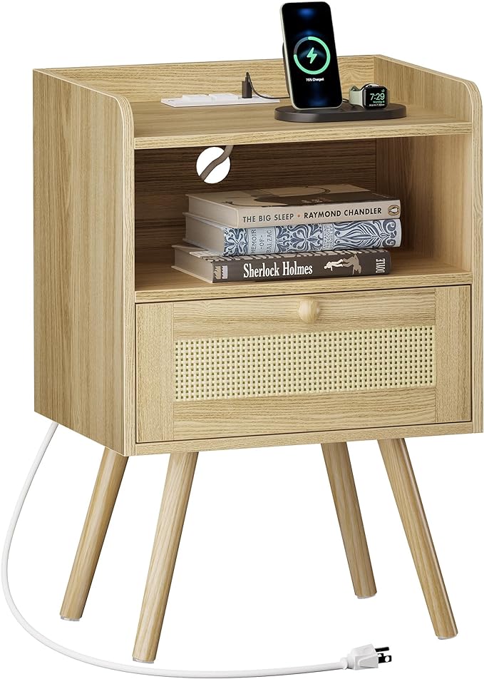SUPERJARE Nightstand with Charging Station & Rattan-Like Decor Drawer, Rattan End Table with Solid Wood Feet, Bed Side Table with Open Storage, for Bedroom, Living Room, Dormitory - Natural