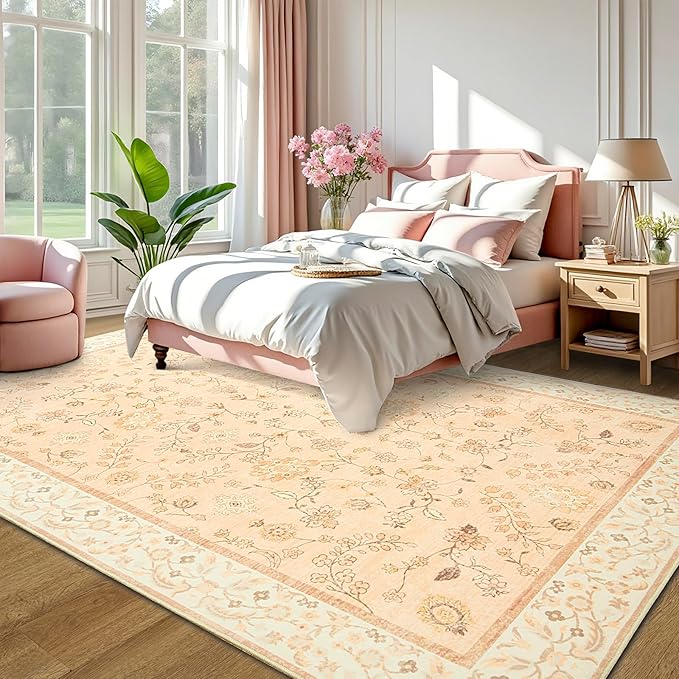 LOCHAS Washable Area Rugs 8x10, Peach Floral Rug for Living Room Bedroom Non Slip, Ultra Soft Vintage Indoor Carpet for Kids, Nursery, Dorm, Dining Room, Classroom, Boho Flower Home Decor, Low-Pile