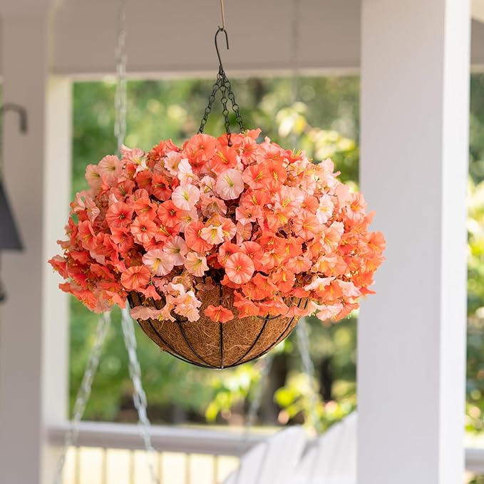 Artificial Fake Hanging Flowers with Basket for Fall Decoration, 12 Bundles Faux Silk Morning Glory Plants for Outdoor Planters, Realistic UV Resistant Artificial Flowers for Outside Porch Garden