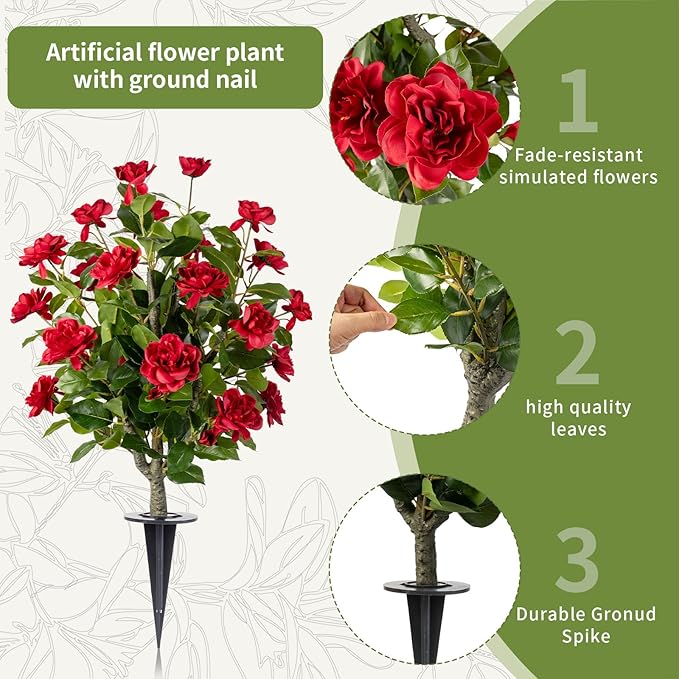 Artificial Camellia Tree 2 Pack with Spike, Artificial Plants Outdoor Faux Floral Plant in Cement Pot Fake Silk Camellia Tree Plants for Home House Living Room Office Decor