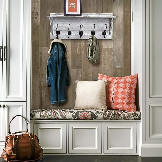 HBCY Creations Rustic Wall Mounted Coat Rack with Shelf - Solid Wood 24" Entryway Shelf with 5 Coat Hangers. Perfect Touch for Your Entryway, Mudroom, Kitchen, Bathroom and More, Whitewash