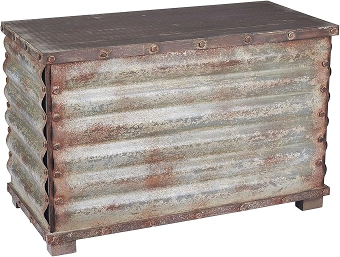 Household Essentials Decorative Trunk, Rustic, Small, Wood Frame and Metal Siding, Spacious and Handmade, Fully Opening Lid, Black Interior, Driftwood and Silver