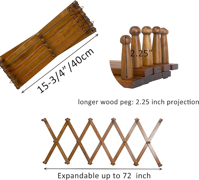 WEBI Accordion Wall Hanger,Expandable Wooden Hat Rack for Wall Mounted Coat Rack,Accordion Hat Hooks Holder for Baseball Caps,17 Peg,Walnut Color