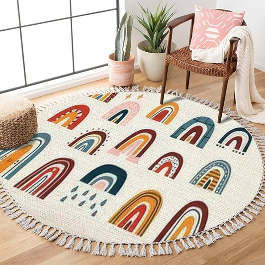 Round Boho Rug Various Rainbows Kids Drawing Style Different Ornaments Childish Area Rug Linen Rug Carpet Patio Rug Hallway Runner Rug Mat Pad Minimalist Home Decor for Living Room Outdoor