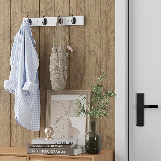 Coat Hooks Wall Mounted, Wooden Hat Rack with 4 Hooks for Entryway, Bathroom,Bedroom(2 Pack,White)