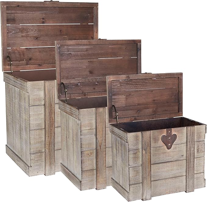 Household Essentials Antiqued Decorative Trunk, 3 Piece Set, Small, Medium and Large, Chinese Fir Panel and MDF, Smooth Backing and Metal Hinge Accent, Flat Top and Stay-Open Lid