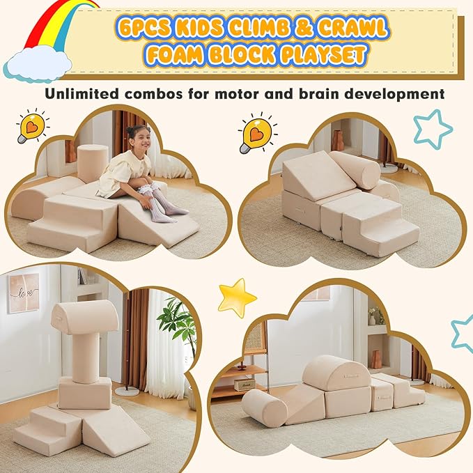 jela Foam Blocks 6Pcs Soft Play Equipment Luxury Miss Fabric, Toddler Climbing Toys Indoor Soft Play Climbing for Toddlers, Lightweight Climbing Blocks for Babies, Kids, Climb and Crawl Foam Playset