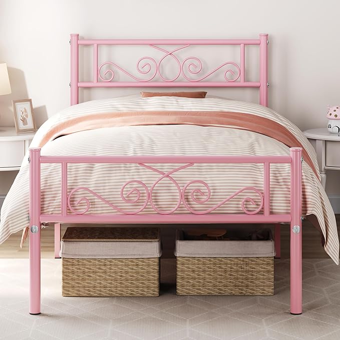 Yaheetech Twin Bed Frames Metal Platform Bed with Headboard and Footboard No Box Spring Needed Easy Assembly,Under-Bed Space: 12.6''/Pink/Twin Bed