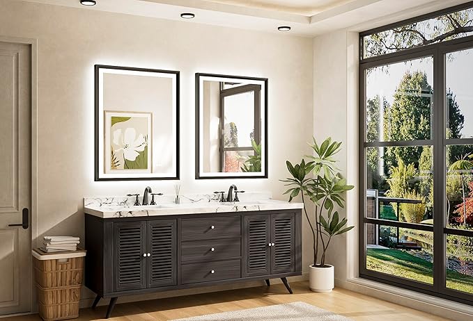 TETOTE 28x36 LED Mirror for Bathroom Black Metal Frame Frontlit & Backlit Lighted Vanity Mirror Baroque Gothic Anti Fog Stepless Dimmable White/Warm/Natural,CRI90+,Waterproof(Horizontal/Vertical)