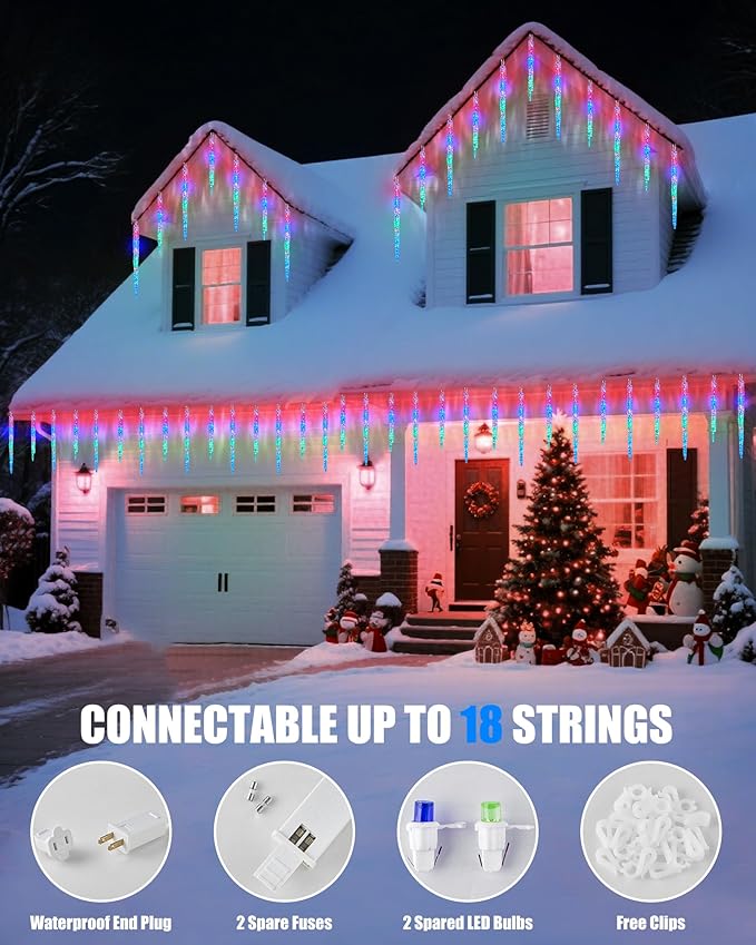 Minetom Icicle Lights Outdoor with Clips, 2 Pack Total 40ft 200 LED 40 Tubes Twinkling String Lights, Connectable Hanging Ice Shape Christmas Lights Plug in for Eave Holiday Outdoor, Multicolor