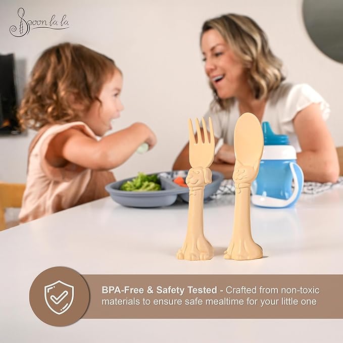 Made in USA Spoon la la Toddler Utensils Set - 6 Pack (3 Spoons & 3 Forks for Kids) - Self-Standing 3D Ergonomic Cat & Dog Handles - BPA-free, Dishwasher Safe, Baby Silverware (Pink, Blue, Yellow)