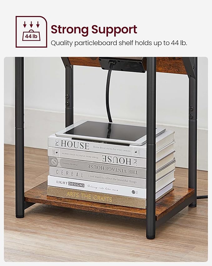 VASAGLE End Table with Charging Station, Small Side Table for Living Room, Bedroom, Nightstand with Outlets and USB Ports, Bedside Table with Storage Shelf, Rustic Brown and Black