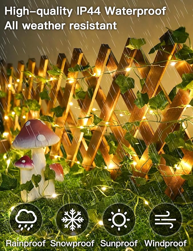 suddus Solar Fairy Lights with Vine, 33ft 100 Led Ivy Solar String Light Outdoor Waterproof, 8 Modes Leaf Lights for Balcony, Yard, Patio, Garden, Fence (Warm White)