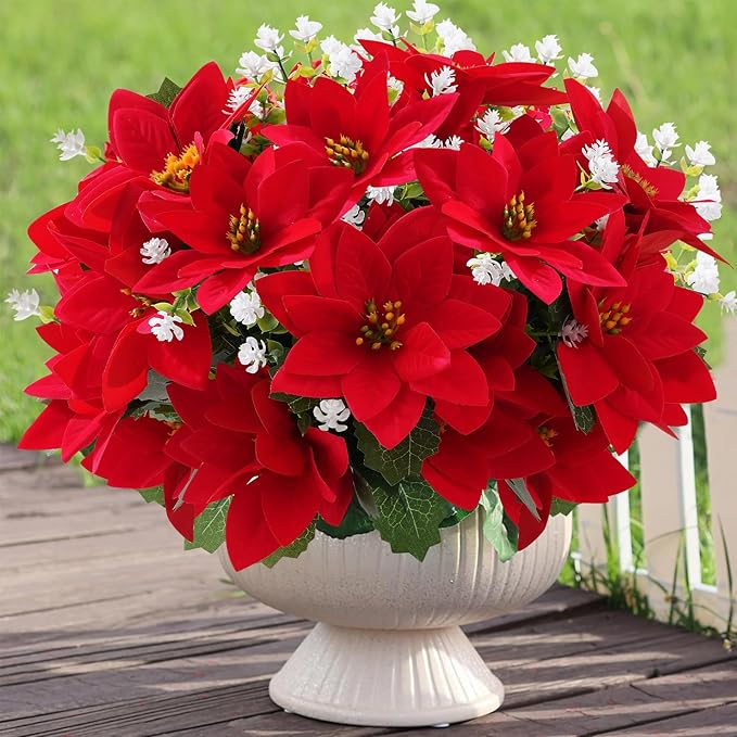 Artificial Flowers for Outdoors Red Christmas Poinsettia Flowers 12 Bundles Mixed Fake Plants UV Resistant Faux Flowers for Outdoor Planters Garden Porch Patio Home Winter Decor