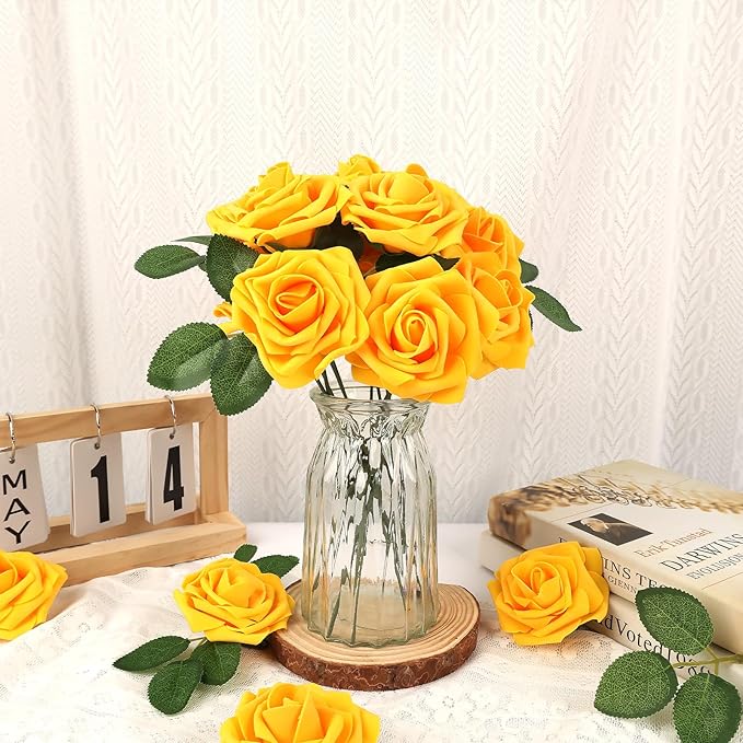 MACTING Artificial Yellow Flowers 30PCS Real Touch Fake Rose Flowers Soft Foam Roses with Stem for Floral Arrangement DIY Table Centerpieces Wedding Bouquet Party Holiday Home Fall Decorations