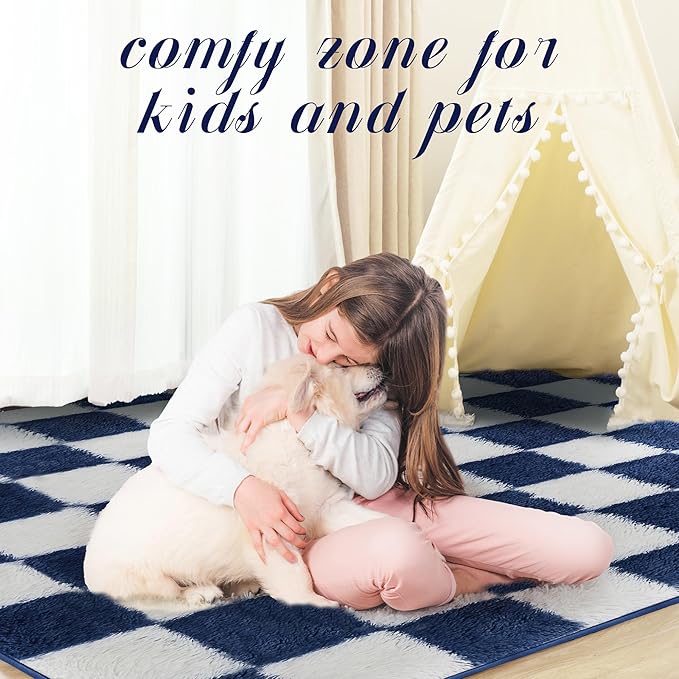 Super Soft Rug for Bedroom, 6x9 ft Blue and White Area Rug Classic Checkered Shaggy Anti-Skid High Pile Soft Fluffy Rug Fuzzy Carpet for Living Room Bedroom Kids Room Nursery, Dorm