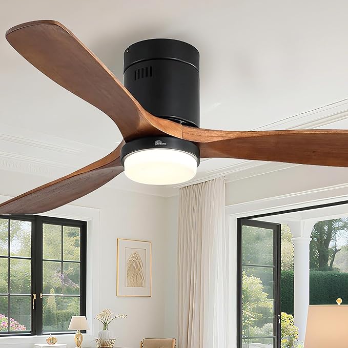 Sofucor Ceiling Fan with Lights 52 Inch Flush Mount Ceiling Fan with Remote Control, Wood Blades Modern Outdoor Ceiling Fans for Bedroom/Farmhouse/Patio/Indoor, Quiet DC Motor