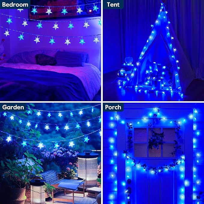 Minetom Blue and White Star String Lights Plug in - 33 ft 100 LED Star Fairy String Lights with Remote and Timer, 8 Modes Waterproof for Tent Loft Bed Backyard Patio Balcony Staircase