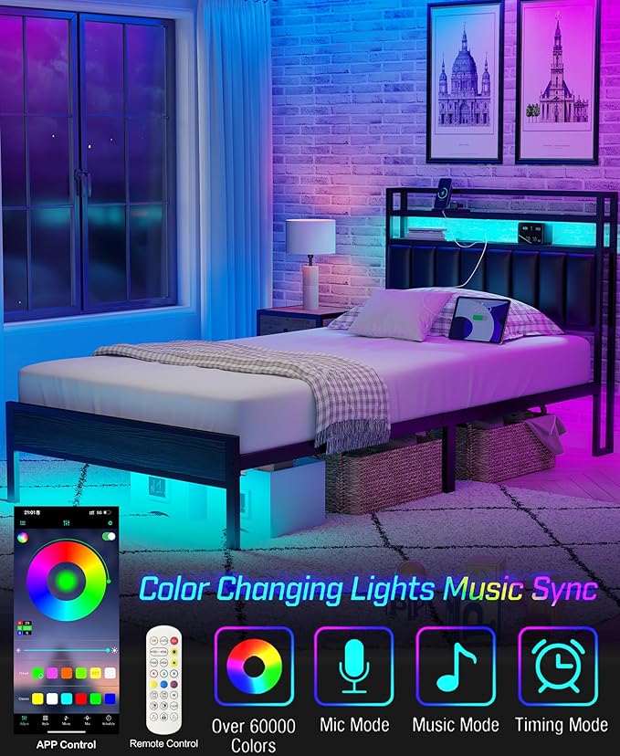 Twin Size Bed Frame with Charging Station and LED Lights, Metal Bed Frame with Headboard, Black Upholstered Headboard with 2-Tier Storage Shelves, Noise Free, No Box Spring Needed, Black