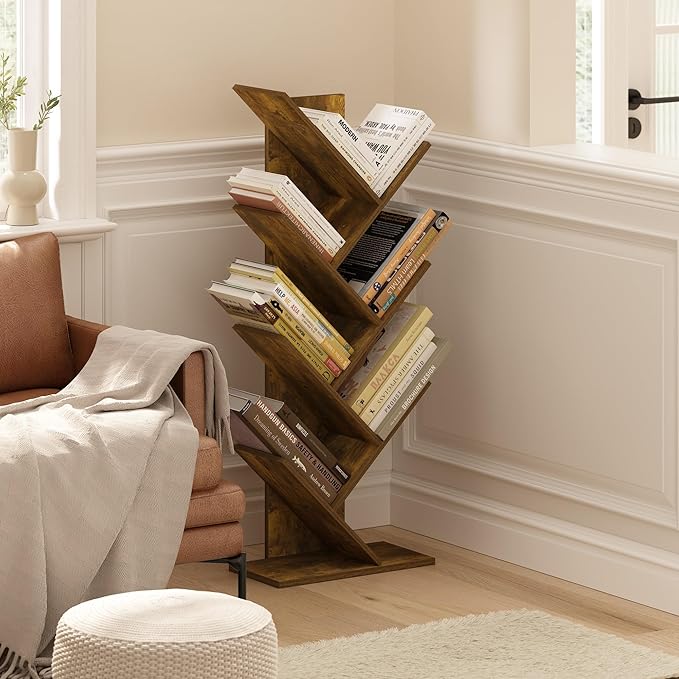 Furinno Tree Bookshelf 7-Tier Floor Standing Tree Bookcase, Amber Pine