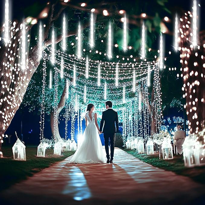 Kwaiffeo Outdoor Christmas Decorations, Waterproof 16-Tube Meteor Shower Lights for Xmas Wedding Party Hanging Decor, Wedding Decorations for Reception, Equivalent to 2 Sets of 8-Tubes, White