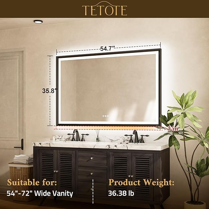 TETOTE Gold LED Bathroom Mirror with Lights 55x36 Front & Back Light Vanity Framed Mirror Baroque Anti Fog Dimmable White/Warm/Natural,CRI90+,Waterproof,Wall Mounted(Horizontal/Vertical)