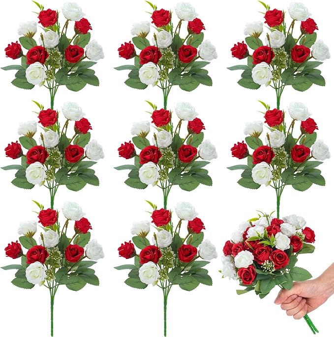 Zeyune 8 Pack 12 Inch Wedding Bouquets for Bride Bridesmaid Red and White Artificial Rose Bouquet Fake Silk Roses Flowers Bunches Bulk for Home Office Garden Parties Decoration