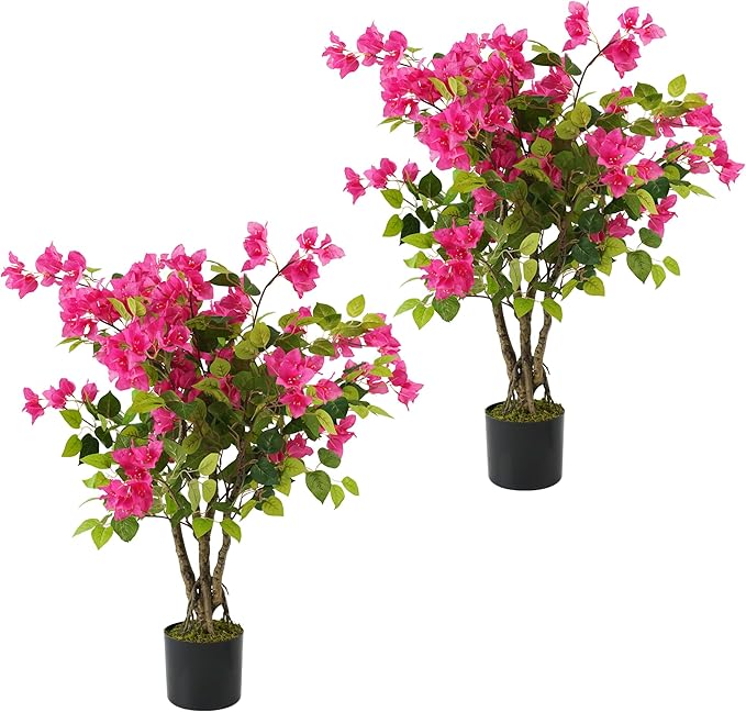 2 Pack Artificial Bougainvillea Tree, 3FT Faux Silk Floral Tree Bougainvillea Plant with Flowers in Plastic Pot for Home Office Garden Indoor Outdoor Decor