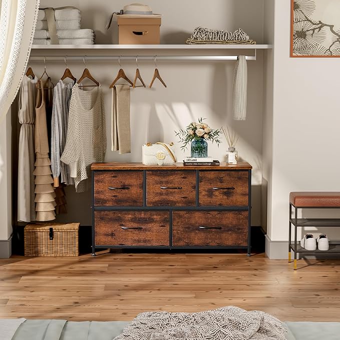 DUMOS Dresser for Bedroom, 5 Storage Drawers, Wide Fabric Closet Chests Organizer Tower Furniture with Wooden Top Metal Frame for Clothes, Guest Room, Living Room, Hallway, Entryway