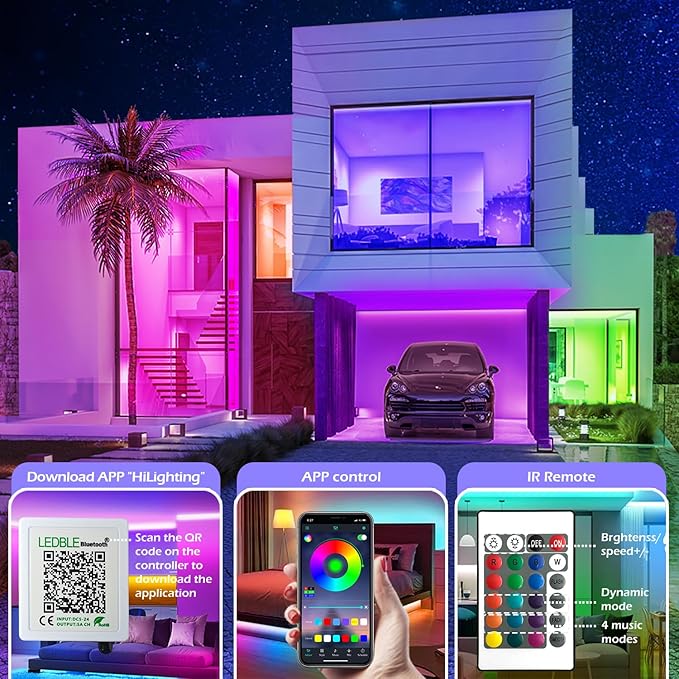 Led Strip Lights, 150ft/45m Long Smart Led Light Strips Music Sync 5050 RGB Color Changing Rope Lights,Bluetooth APP/IR Remote/Switch Box Control Led Lights for Bedroom,Home Decoration,Party,Festival