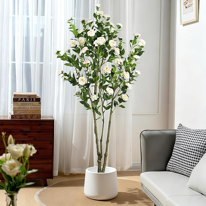 Faux Camellia Flower Tree 7ft(82in) Artificial Floor Plant for Indoor Decor Realistic Greenery Potted Tree with White Blooming Flowers and Natural Wood Trunk for Home Living Room,Office,Porch Decor