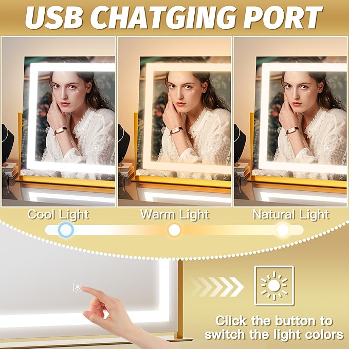 FENNIO Vanity Mirror with Lights 22''x18'' Makeup Mirror with Lights,Lighted Makeup Mirror with 10X Magnification and USB，Smart Touch Screen with 3-Color Lighting,Dimmable（Square Gold）