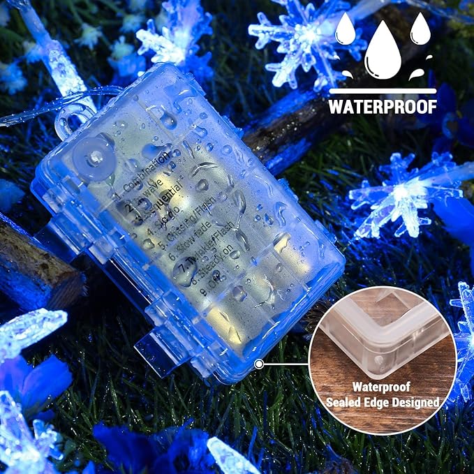 BrizLabs Blue Snowflake Lights, 40 LED 16.08ft Snow Flake Christmas String With Remote, Battery Twinkle, 8 Modes Xmas Waterproof for Outdoor Indoor Wedding Party Window Decor