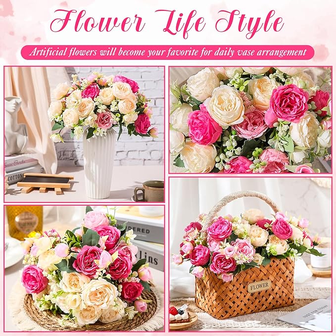 Geosar 8 Bundles Artificial Peonies Flowers Fake Silk Peony Bouquet Faux Peonies Flowers Bulk for Decoration Vase Floral Arrangements Wedding Party Table (Bright Color)
