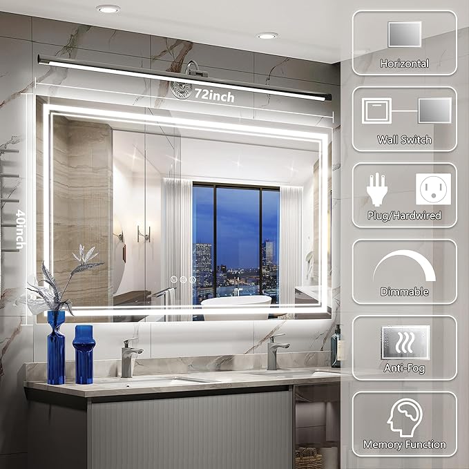 72x40 Inch Led Mirror for Bathroom with Front Light and Backlit, Dimmable Anti Fog Wall Bathroom Mirror with Led Lights, Water Proof, Decor Vanity Mirror
