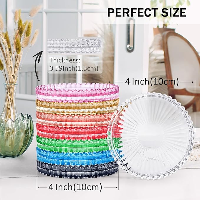 Glass Candle Holders, GOH DODD Set of 8 Crystal Pillar Plates Modern Coasters for Drinks, Centerpiece, Home Decor, Kitchen, Living Room, Patio, Wedding, Halloween, Christmas, Party, Mixed Colors