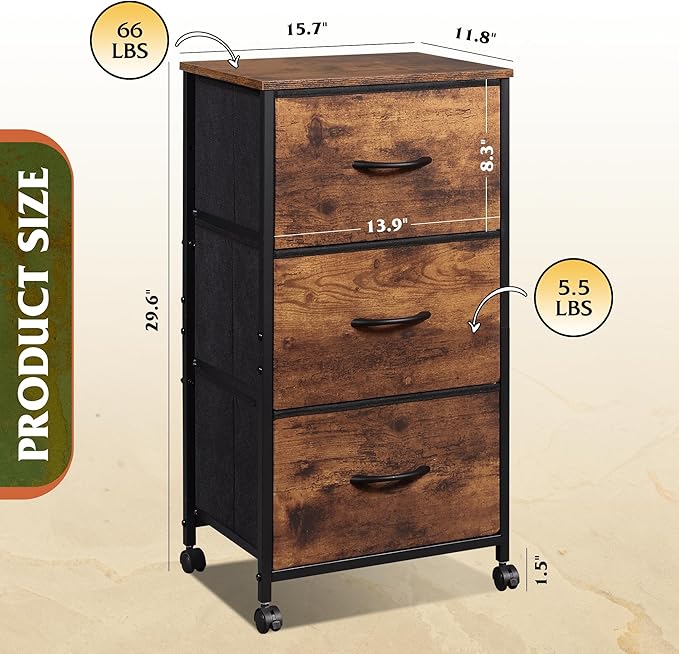 WLIVE Dresser with 3 Drawers, Fabric Nightstand, Cabinet with Wheels, Organizer Storage Dresser for Bedroom, Office, Closets, Sturdy Steel Frame, Easy Pull Handle, Rustic Brown Wood Grain Print