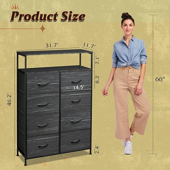 WLIVE Fabric Dresser for Bedroom with Open Shelves, Tall Dresser with 8 Drawers, Storage Tower with Fabric Bins, Chest of Drawers for Closet, Living Room, Hallway, Charcoal Black Wood Grain Print