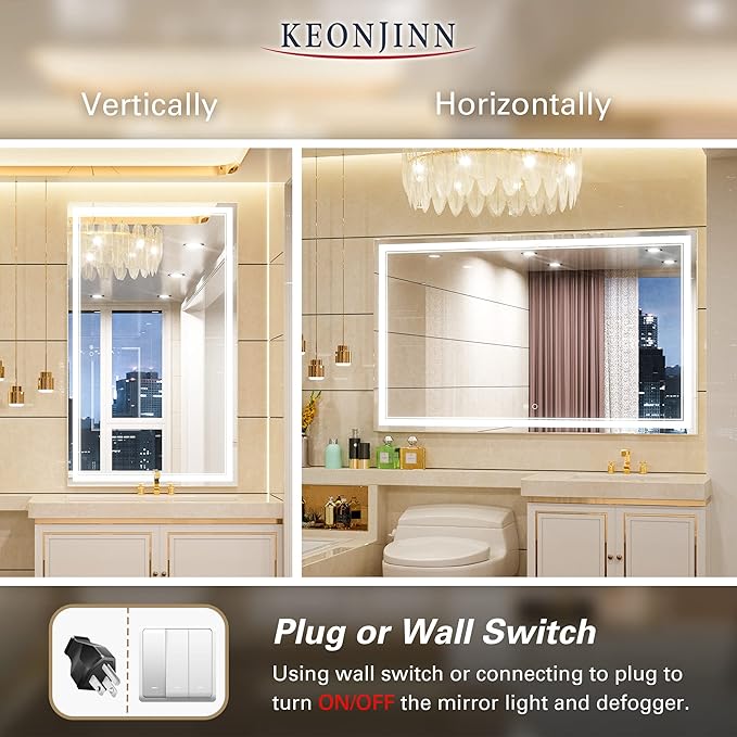 Keonjinn LED Bathroom Mirror with Lights 60 x 36 Inch, Large LED Vanity Mirror for Bathroom, HD Tempered Glass, UL Listed LED Driver, Easy to Install, Anti-Fog, Memory Dimmable 6000K, Frontlit Only