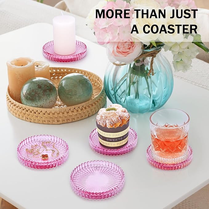 Glass Candle Holders, GOH DODD Set of 8 Crystal Pillar Plates Modern Coasters for Drinks, Centerpiece, Home Decor, Kitchen, Living Room, Patio, Wedding, Halloween, Christmas, Party, Clear Pink