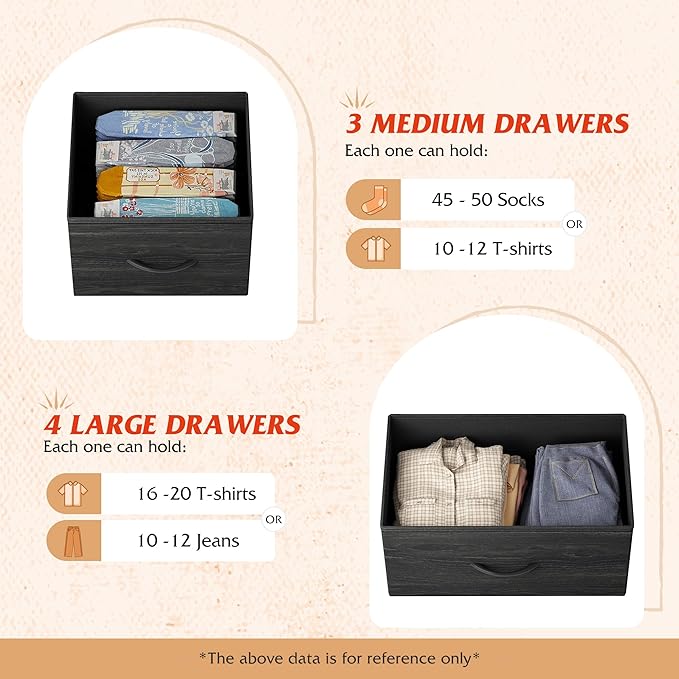 WLIVE 7 Drawer Dresser TV Stand, Entertainment Center, Media Console Table with Metal Frame and Wood Top for TV up to 45 inch, Chest of Drawers for Bedroom, Charcoal Black Wood Grain Print