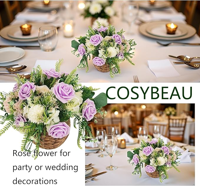 Artificial Rose Flowers 25pcs, Purple Foam Fake Rose Faux Flower for Wedding Bouquets Bridal Shower Centerpieces Floral Arrangements Home Decorations Party Backdrops Table