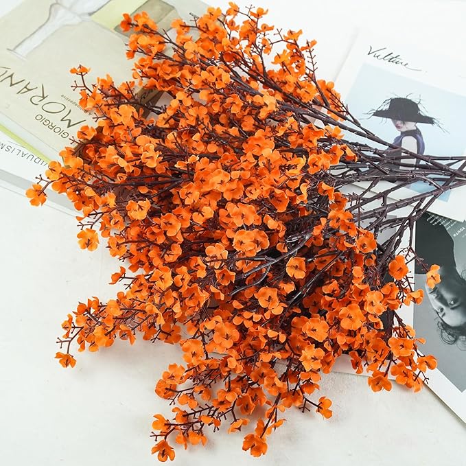 Uieke 30Pcs Artificial Fall Flowers Babys Breath Flower Bulk Fake Orange Silk Flowers Artificial Gypsophila Bouquet Floral for Home Festival Wedding Party Décor