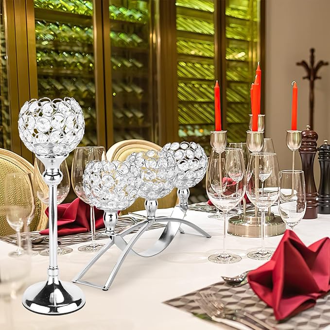 Silver Crystal Candle Holders Decorative Arch Candelabra 3-Arm Candlesticks Holder & 2 Glass Holders Table Centerpiece, Wedding, Party, Anniversary