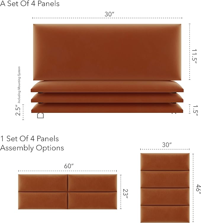 Vänt Upholstered Wall Panels - Queen/Full Size Wall Mounted Velvet Headboards - Velvet Rust - Set of 4 Panels (Each Individual Panel 30"x11.5")